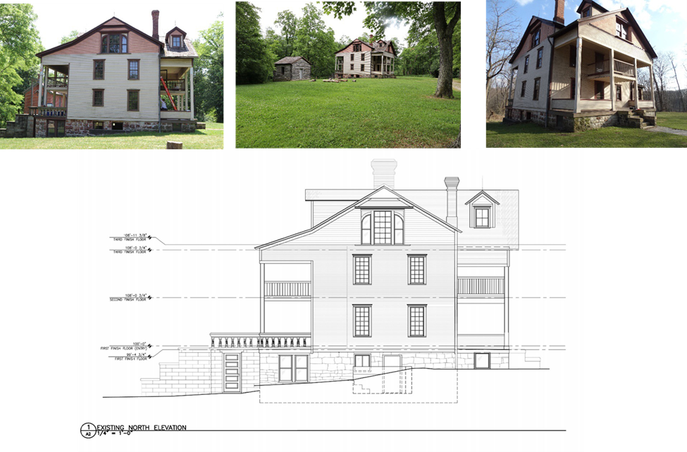 main house 3 A line drawing of the northern side of the Bailly Main house. A gentle slope moving from north to south is shown in the drawing. Above are a series of 3 photos from different angles of the Bail