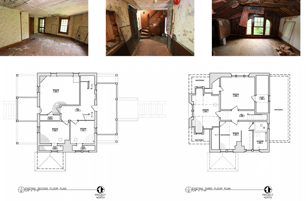 main house 5 Line drawings depict the second and third floor plans for the Bailly main house. The second floor, shown on the left, show a series of 2 smaller square rooms on the bottom and one larger semi-square room on the top left.