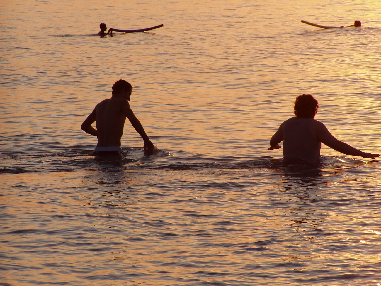 Swimmers in Lake Michigan at sunset.