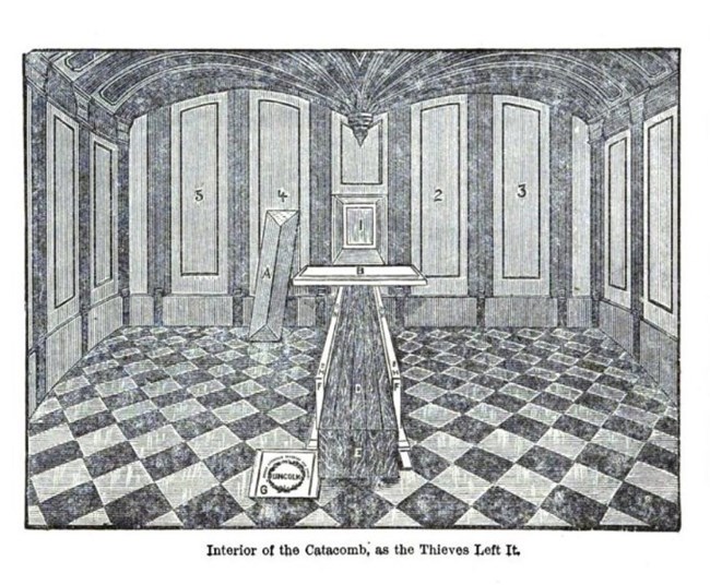 Illustration from John Power's 1890 book depicting what the inside of Lincoln's tomb looked like after grave robbers removed marble and stone to expose the cedar casket.