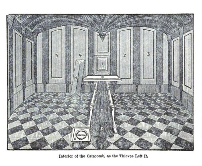 Lincoln's tomb disturbed Illustration from John Power's 1890 book depicting what the inside of Lincoln's tomb looked like after grave robbers removed marble and stone to expose the cedar casket.