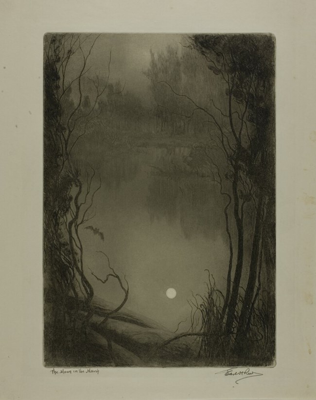Etching circa 1910 by Earl H. Reed depicting a wetland scene where the moon is reflecting in water, surrounded by tree silhouettes with a bat flying by.
