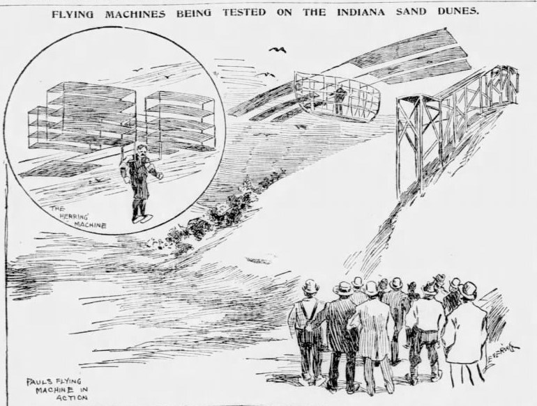 Newspaper drawing from 1896 of a group of people standing at the base of a sand dune, watching a flight test of an experimental wooden aeroplane called the Albatross.