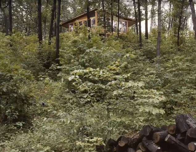 Historic color photograph of Jun and Florence Fujita's Indiana Dunes cabin. A small yellow structure peaks through foliage at the top of a hill in a woods.
