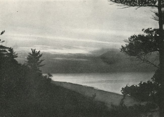 Historic black and white photograph of Lake Michigan shoreline from the coastal dunes; dark pine outlines stand among the lighter sky and water.