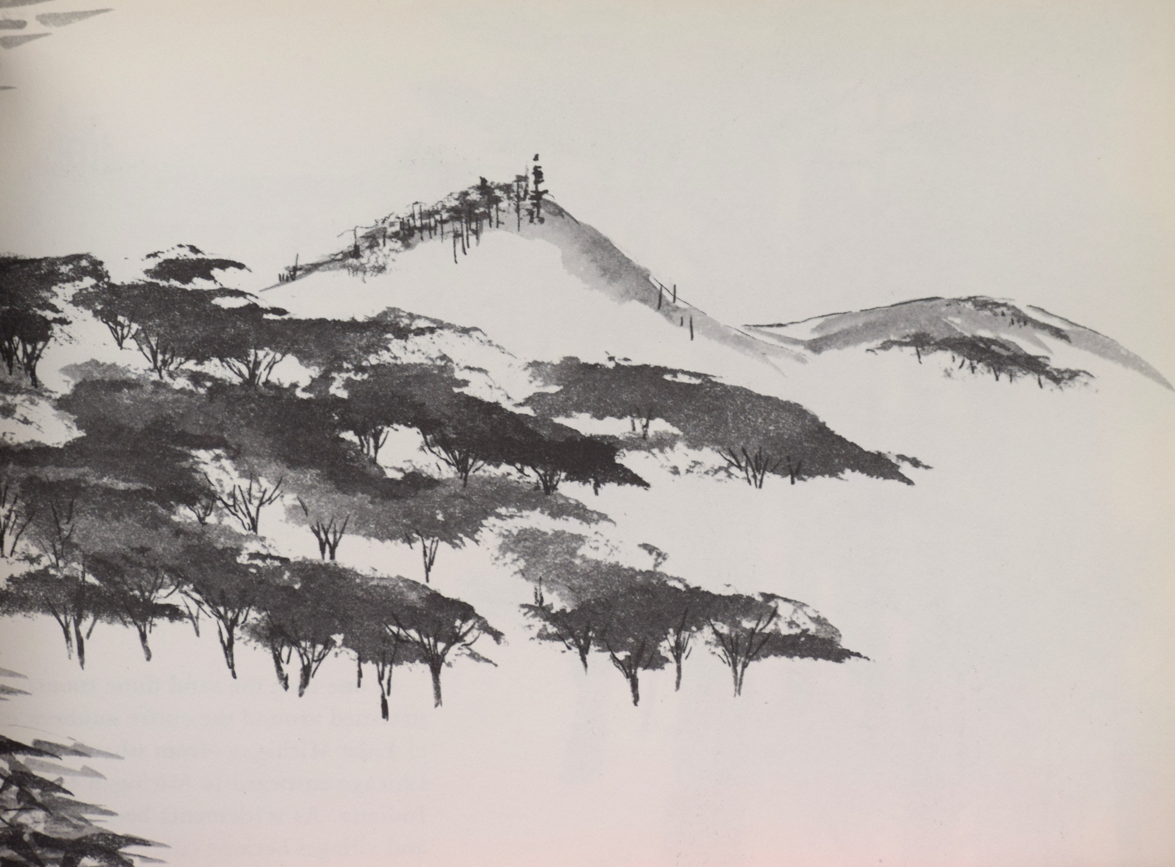 Black and white watercolor painting of a sand dune scene with an oriental style 