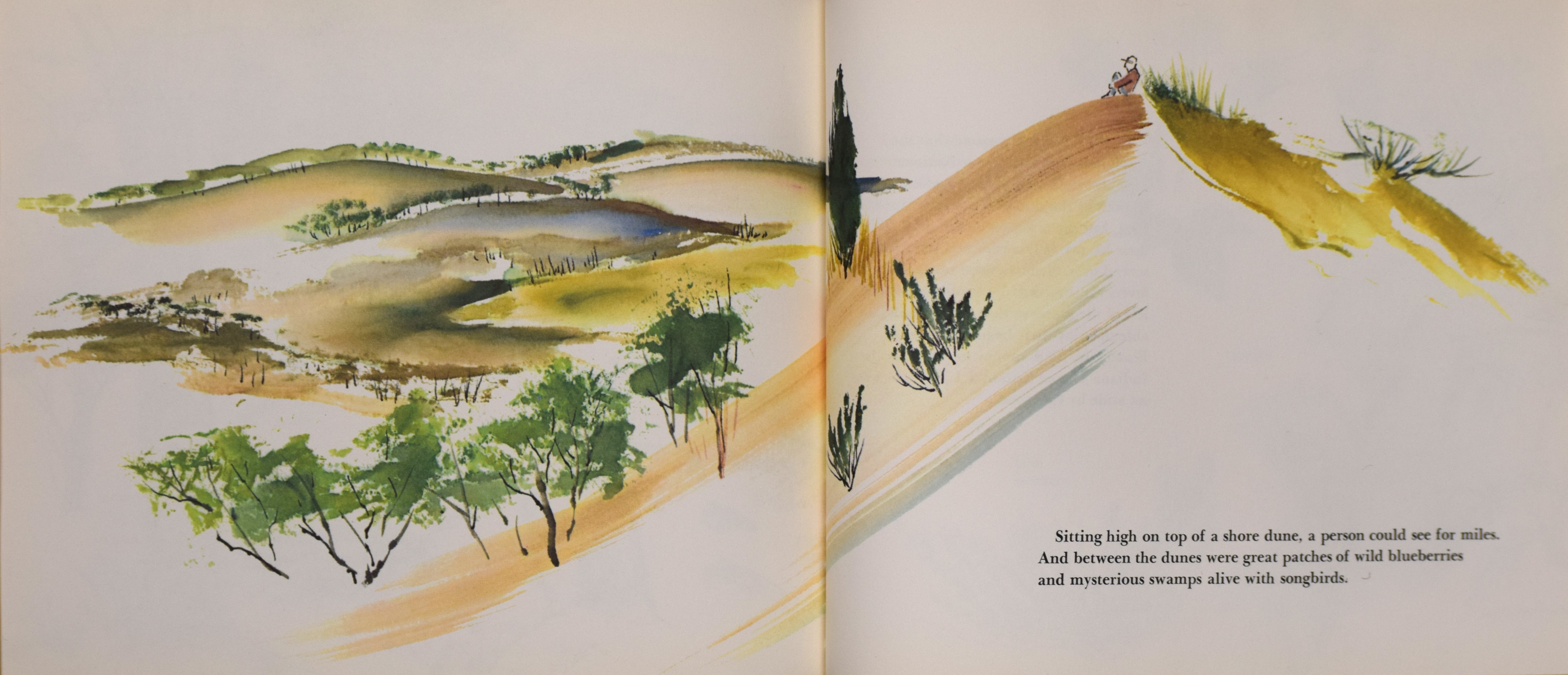 Photograph of two pages of duneland inspired watercolor artwork by Hawkinson