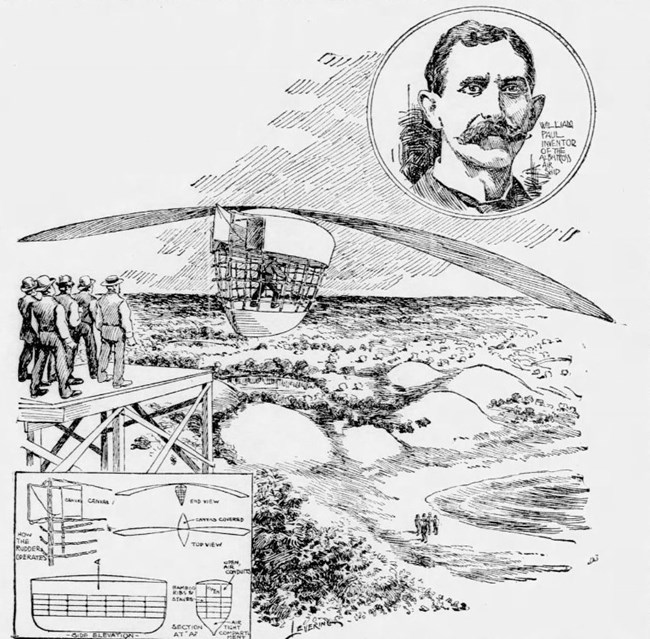 Historic newspaper illustration depicting a portrait of inventor William Paul; as well as a scene of reporters watching him fly his experimental Albatross glider over the sand dunes on Lake Michigan.