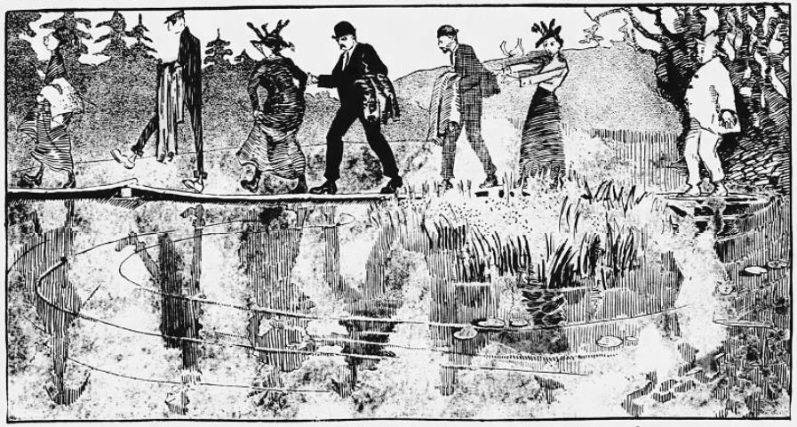 Newspaper illustration of 7 people crossing a log over a pond or wetland during a Prairie Club walk. Dunes and pine trees line the background.