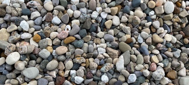 A geologic variety of similarly-sized pebbles on the shore of Lake Michigan near Mount Baldy