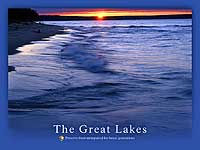 Poster with picture of a sunset over a lake and beach