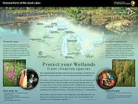 Poster with image inserts, map of Great Lakes with parks locations and description of 2 invasive species