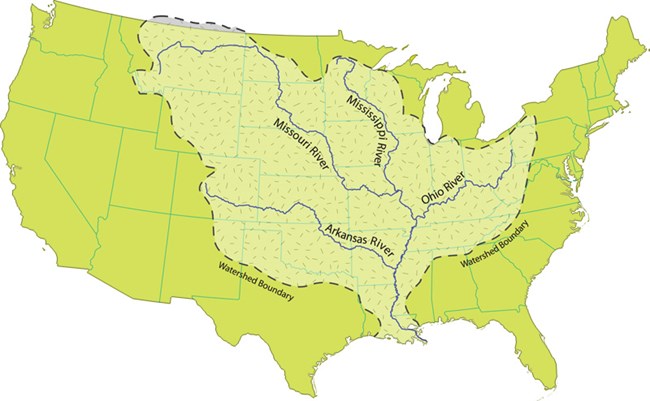 Map of the United States depicting the boundaries of the Mississippi River watershed. It shows the following major rivers: Arkansas, Mississippi, Missouri, and Ohio.