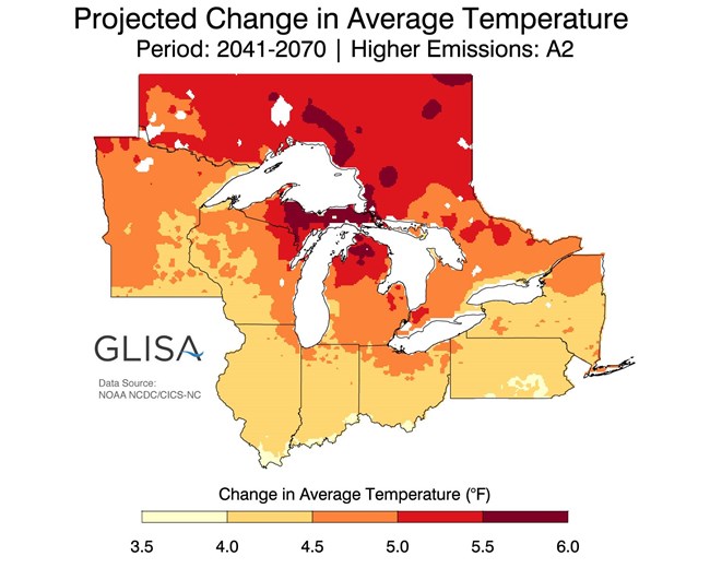 Map depicting the Great Lakes region, color-coded to show projected change in temperatures for a high-emissions scenario, 2041-2070. Indiana Dunes National Park could see a 4.5-5 degree F increase in average temperatures.