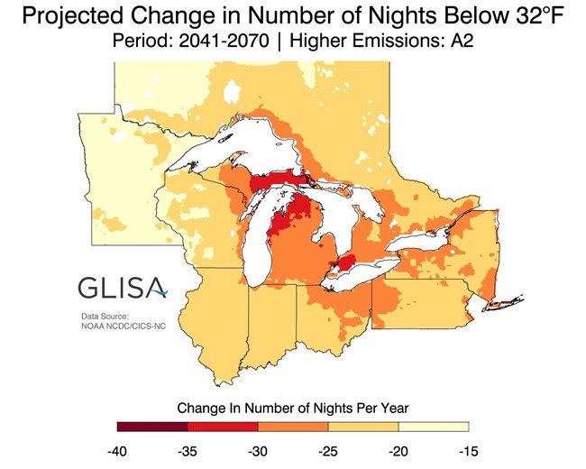 Map depicting the Great Lakes region, color-coded to show projected change in number of nights below 32 degrees F for a high-emissions scenario, 2041-2070. Indiana Dunes National Park could see 25-30 less nights below freezing in this scenario.