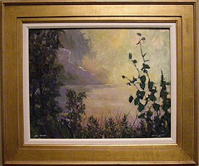 painting of storm over lake with clouds and trees in foreground