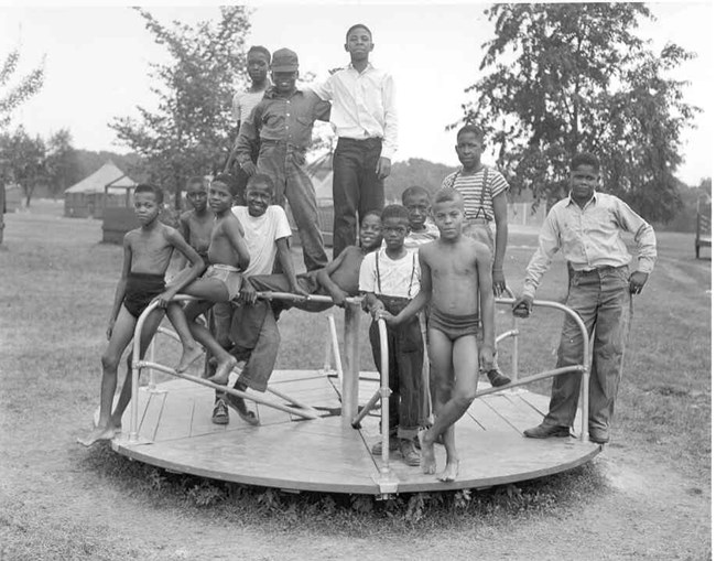 African American youth campers taking a picture.