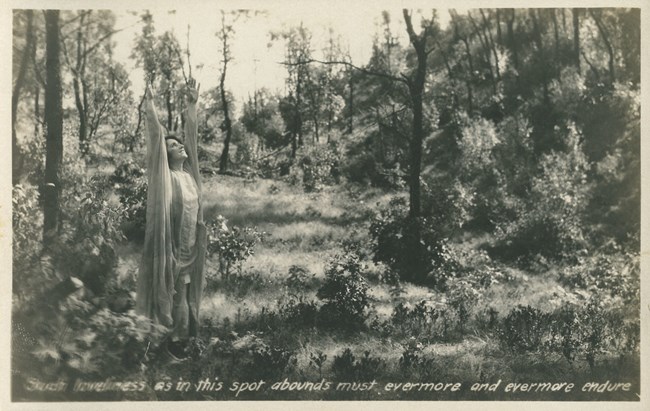 Historic sepia photograph from 1913 of a masque performance in the Indiana Dunes. Duna stands up with hands towards the sky.