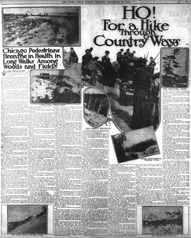Screen capture of a historic newspaper page from September 25, 1910 from Chicago's Inter Ocean newspaper. Images of the sand dune country around Lake Michigan are peppered amongst the text.