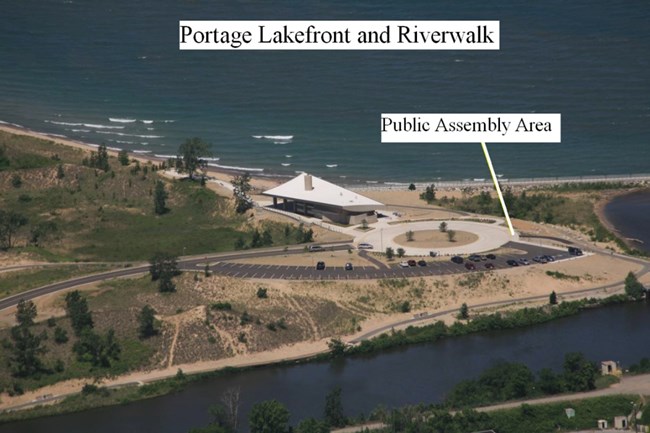Arial Photo of Approved Public Assembly Area Portage Lakefront and Riverwalk Roundabout Sidewalk