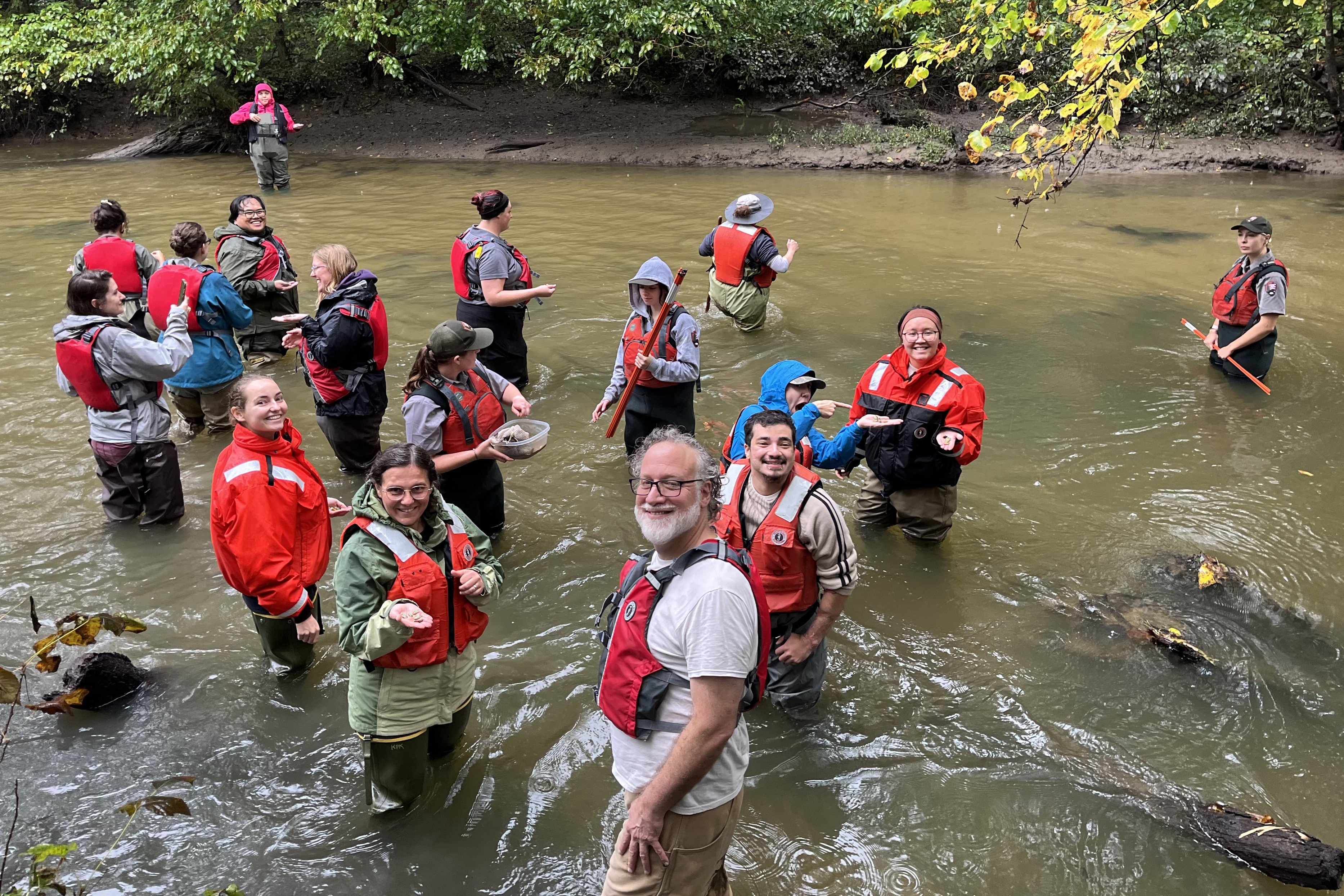 A group of people representing the NPS Resource Management crew, park partners, and other related organizations, wearing waterproof gear and life vests stand together in a shallow, tree-lined river, holding small mussels ready for release into the water.