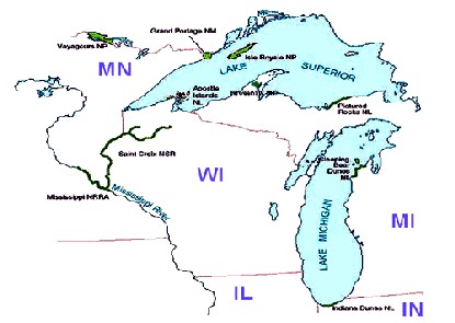 map showing locations of Great Lakes network parks