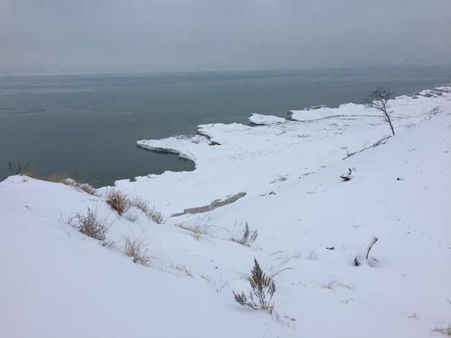 Shelves of snow and ice line the shore of Lake Michigan as viewed from a high dune.