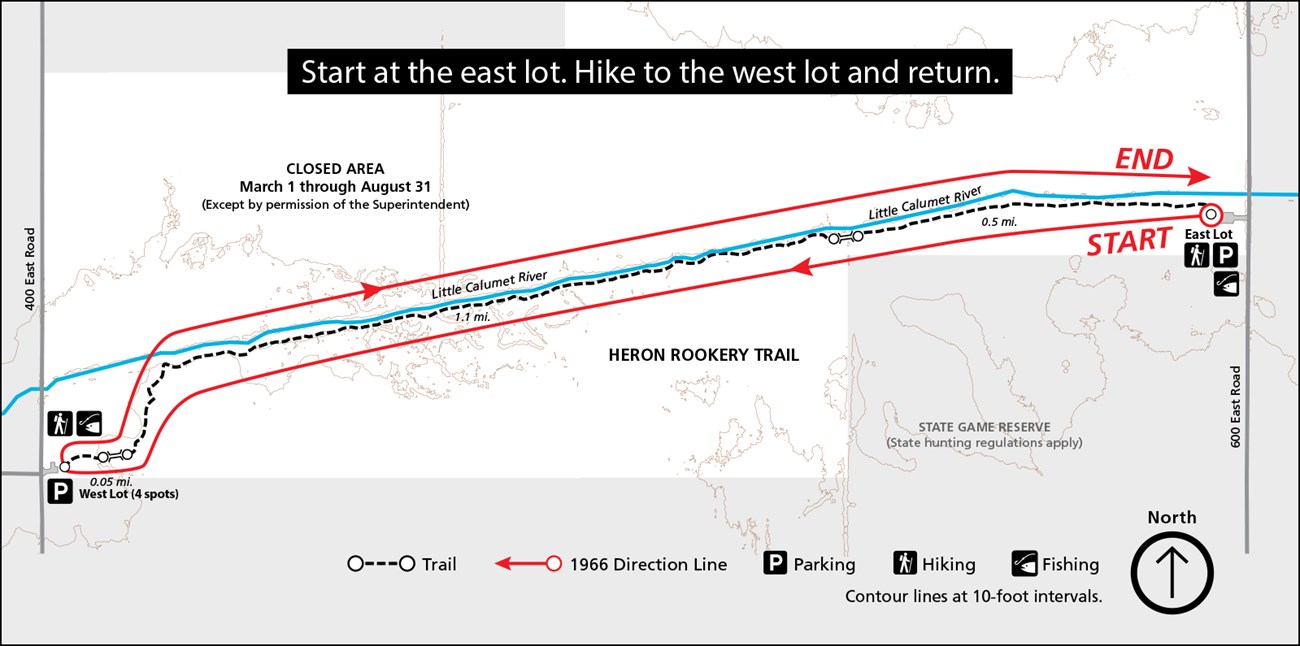 Map of the Heron Rookery trail with alterations that show a hiking route starting from the east parking lot, out to the west lot, and back again to the east lot for a 3.3 mile round trip