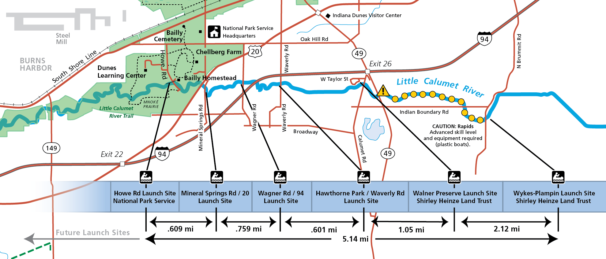 A map of Launch Sites at the Little Calumet River Water Trail East Branch