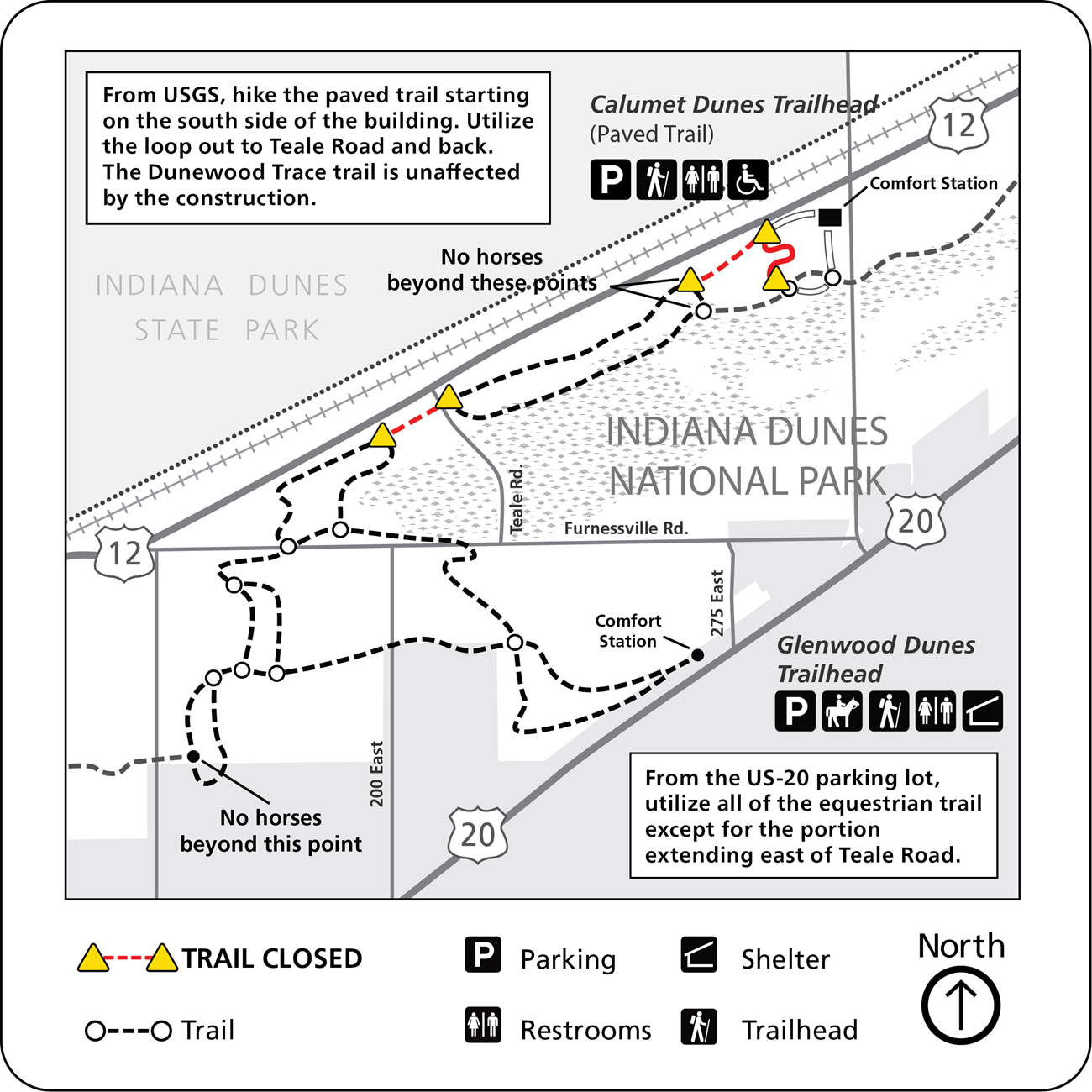 Glenwood Dunes trail map shows paved/unpaved trails, closures, equestrian restrictions, trailheads, roads, parking, restrooms, and key facilities; horses prohibited beyond marked points; north is at the bottom right.