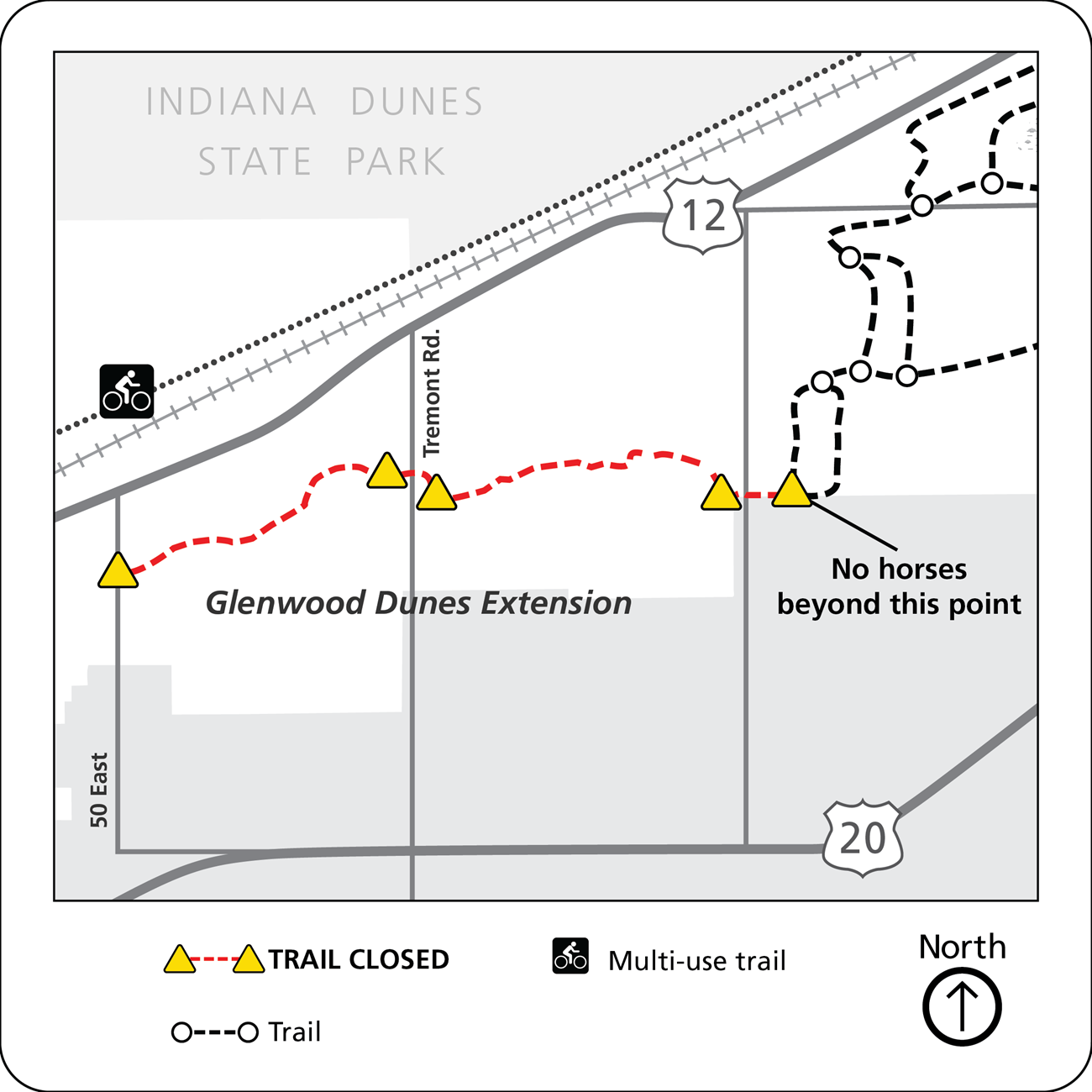 The Glenwood Dunes Extension trail map shows multi-use, standard, and extension trails, closures, bicycle and horse access points, warnings, and major roads, serving as a guide for trail users with specific restrictions.