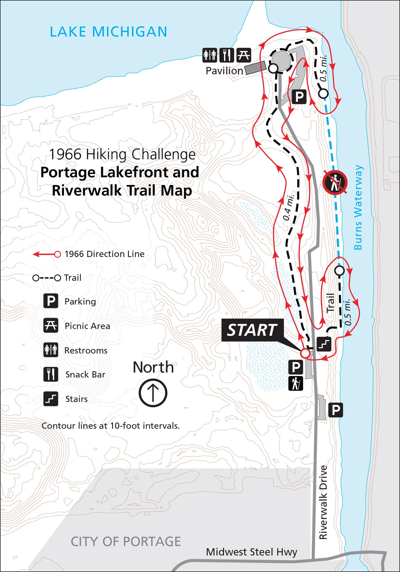 Portage Lakefront and Riverwalk 1966 Hiking Challenge Trail Map