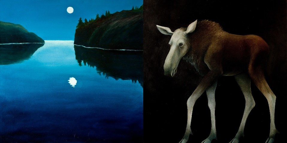 One artwork photo shows a moon reflecting on the water and another shows a moose