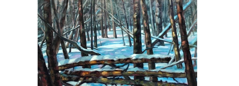 A painting shows a sunny winter woods scene with snow on the ground and trees that have fallen down over each other