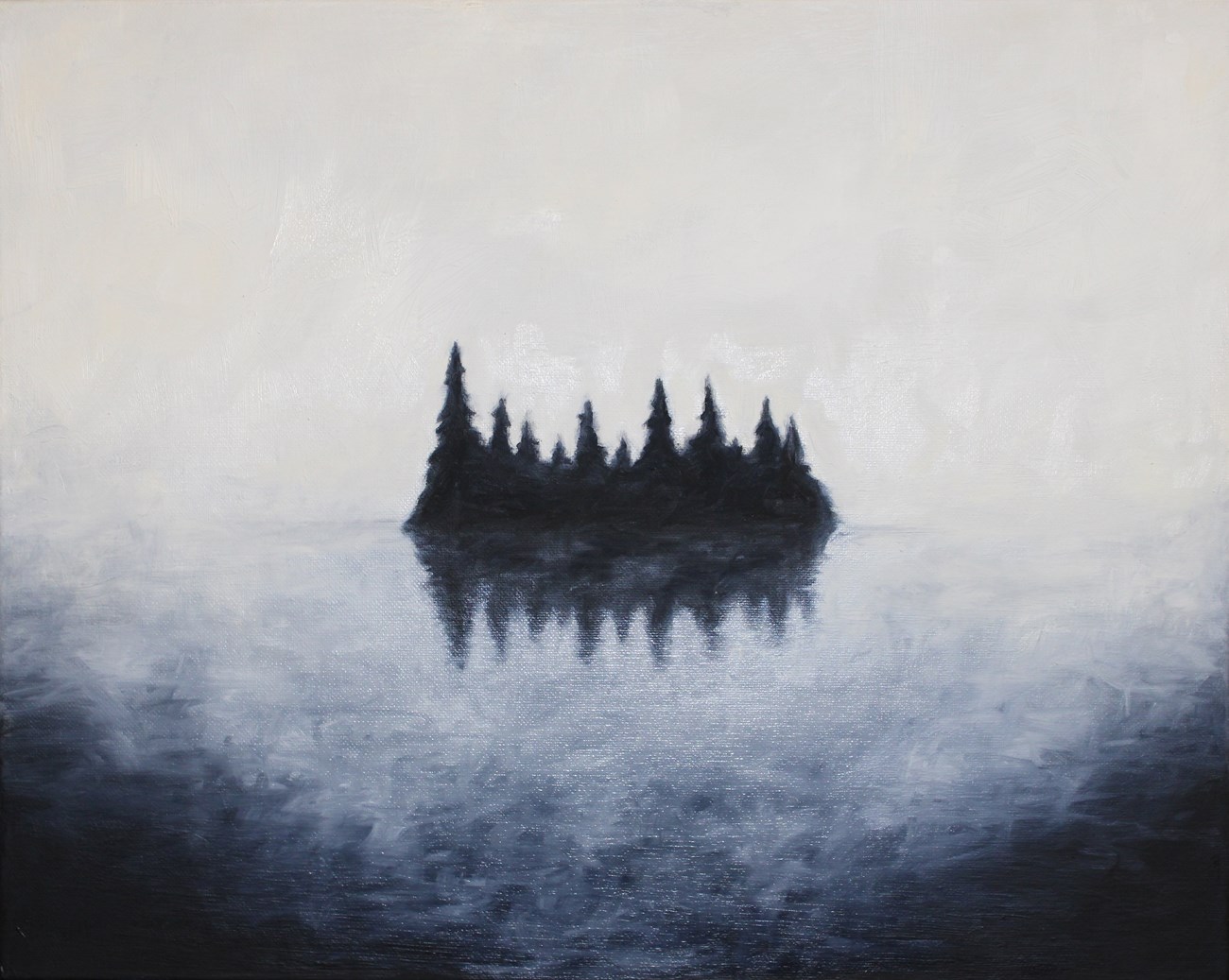 small, dark island with reflection, surrounded by a yellow/gray fog and dark water