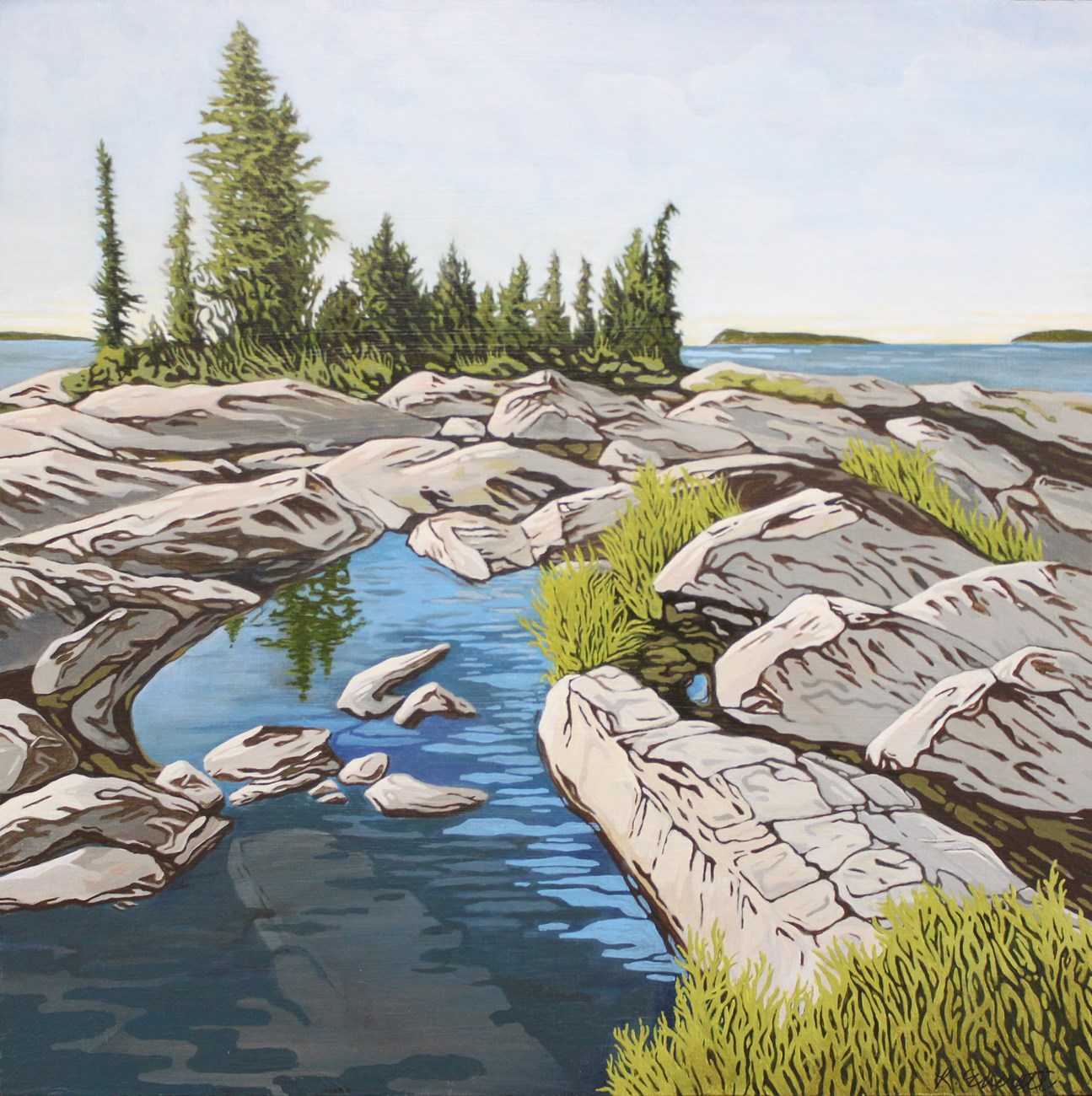 painting of rock outcroppings with trees and grasses growing atop and blue water pooling between, Lake Superior and islands in the periphery