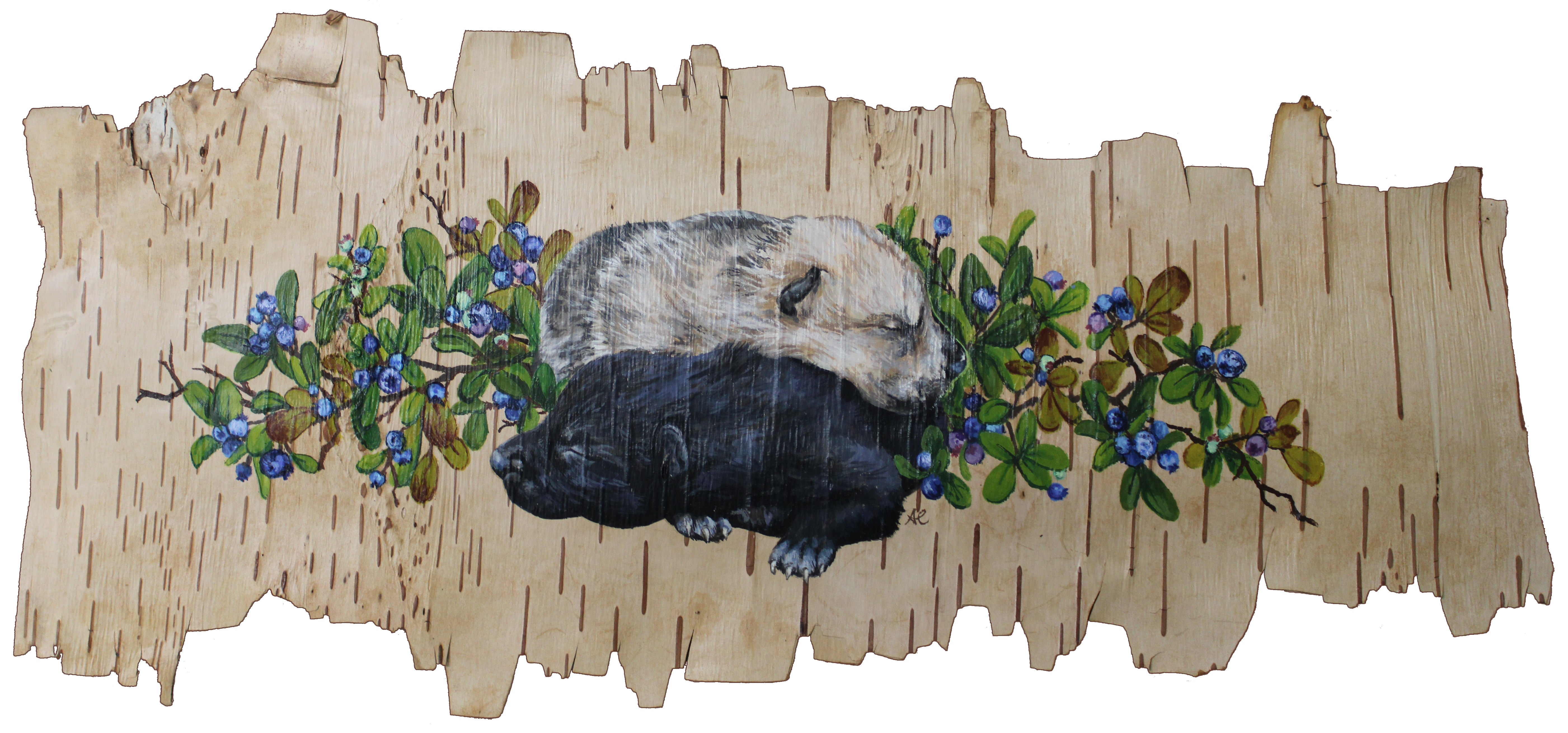 painting on birch bark depicting two wolf pups, one tan colored, one black colored, with a blueberry plant in the background