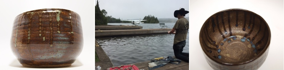 A collage of three images shows two different views of pottery on the right and left, with a young man kneeling on a dock working on his art in the middle