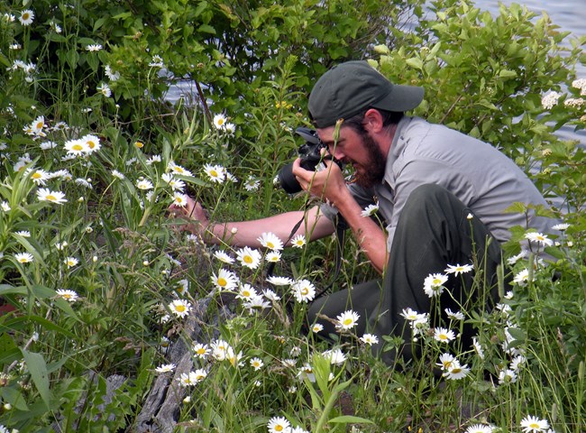 A person in a backwards cap holding a camera with a large lens kneels on the ground to take a picture of something in the brush.