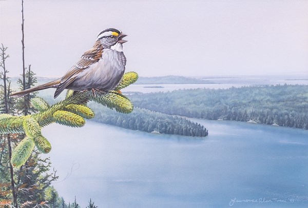 A painting shows a bird perched high above a lake scene
