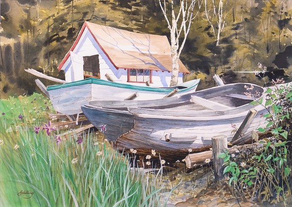 A painting shows a small building with old wooden boats in front of it