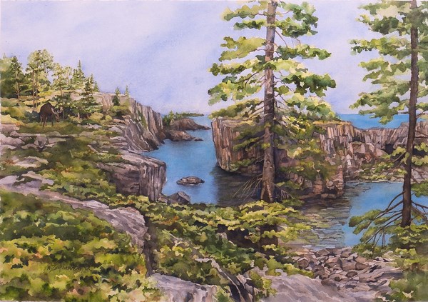Artwork shows a lake shore scene