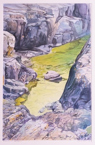 Artwork shows water in a narrow rock crevice