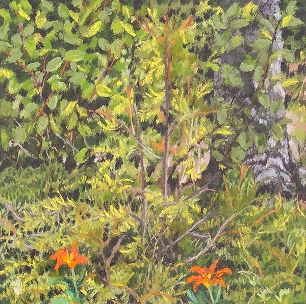 Artwork shows a lush green forest with a tree trunk on the right, and a few orange lilies in the foreground