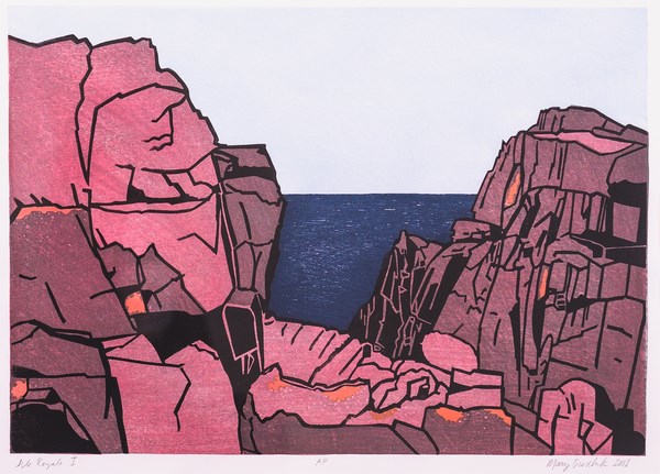 Artwork shows a lake scene printed by woodblock