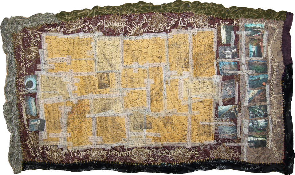 A textile/quilting piece of artwork shows lots of words and images around the outside with the inside being yellow and having cursive words