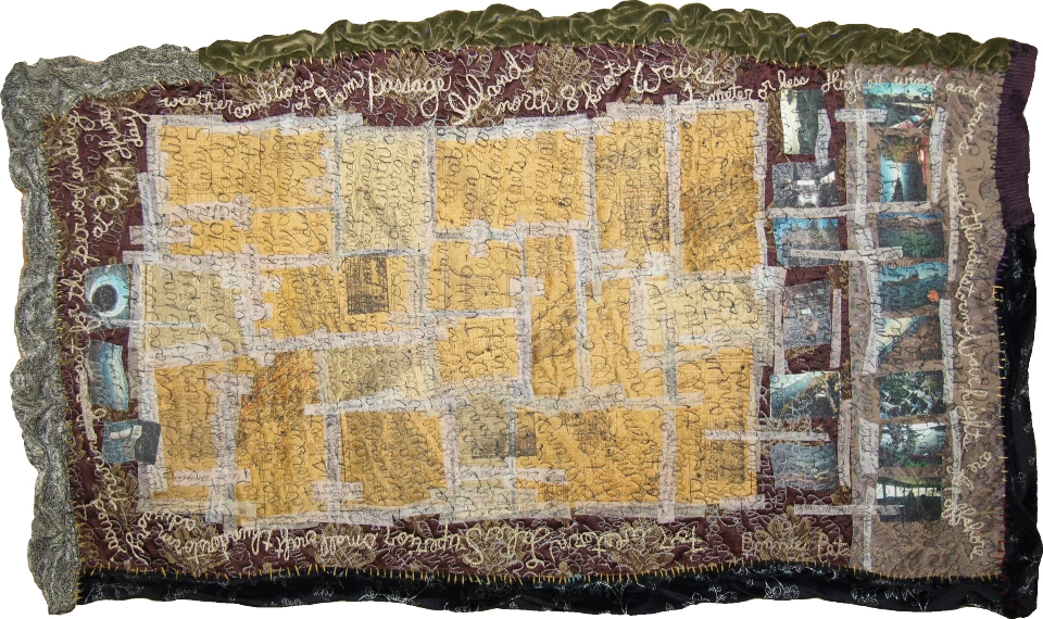 "Untitled" by Bonnie Peterson A textile/quilting piece of artwork shows lots of words and images around the outside with the inside being yellow and having cursive words