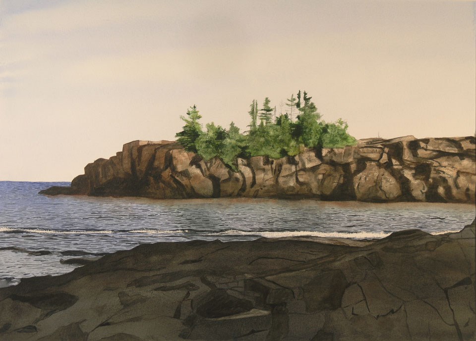 A watercolor painting of Scoville Point and Bay by artist Clyde Mikkola
