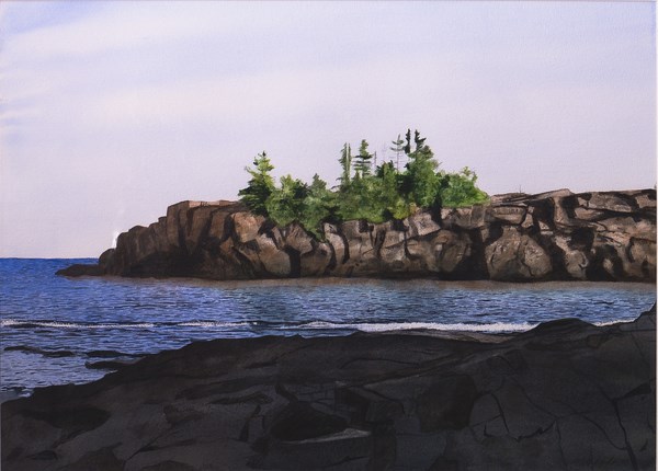 Artwork shows a lake shore scene