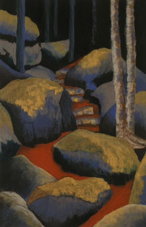A pastel painting of rocks a trees along the Lookout Louise Trail